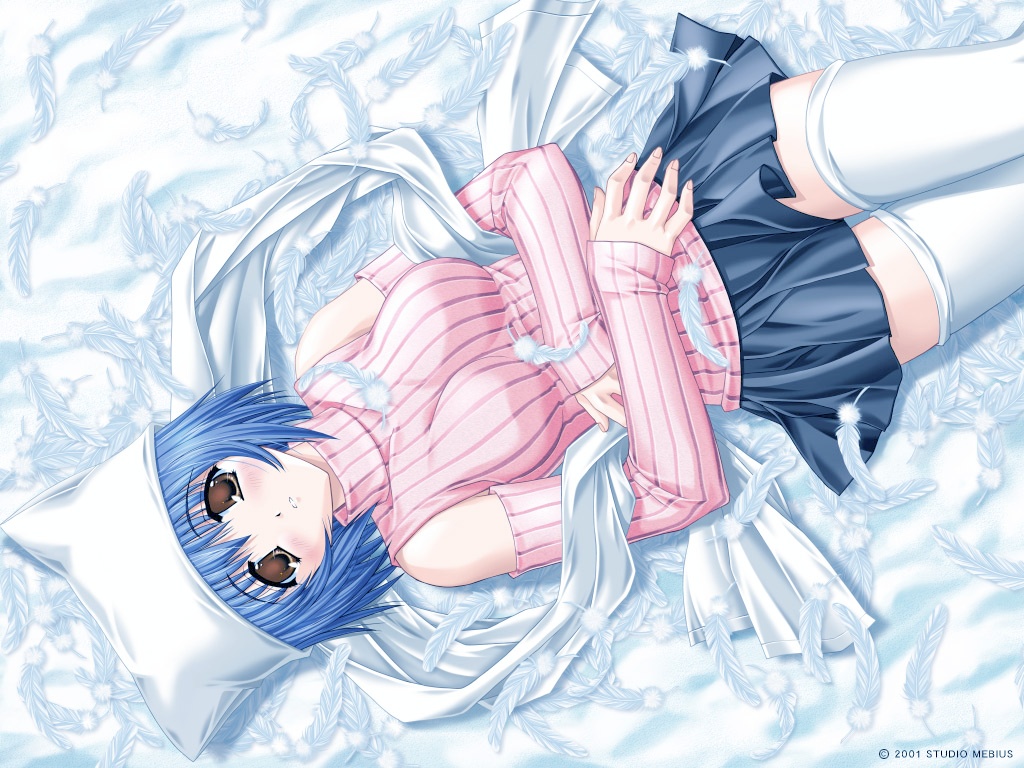 asuka pyon, kitazato shigure, snow (game), studio mebius, striped, blue hair, blush, breasts, brown eyes, detached sleeves, feathers, hat, impossible clothes, impossible shirt, lying, on back, shirt, short hair, skirt, thighhighs, white thighhighs, zettai ryouiki