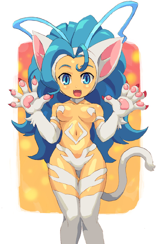 chingisu, felicia (darkstalkers), capcom, darkstalkers, fur, bad id, bad pixiv id, 1girl, animal ears, animal hands, big hair, blue eyes, blue hair, breasts, cat ears, cat tail, claws, female focus, long hair, matching hair/eyes, solo, tail