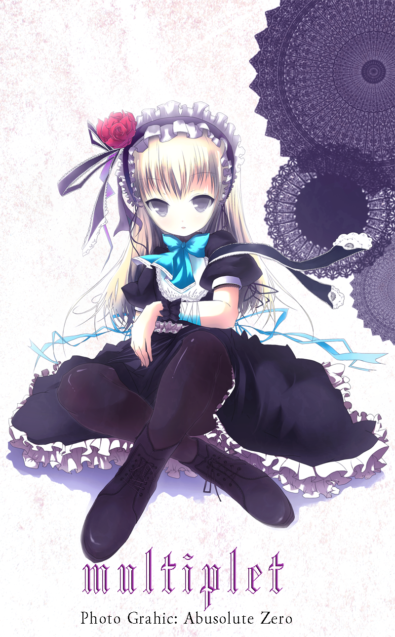 cauliflower (hosiyarou), bad id, bad pixiv id, highres, 1girl, blonde hair, boots, english text, engrish text, female focus, flower, frills, gothic lolita, headdress, lolita fashion, pantyhose, ranguage, ribbon, solo
