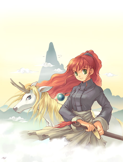 tiv, keiki (juuni kokuki), kirin (juuni kokuki), nakajima youko, juuni kokuki, archived source, bad link, 1boy, 1girl, antlers, artist name, blonde hair, blue eyes, blue jacket, blue sleeves, breasts, chinese clothes, closed mouth, cloud, cowboy shot, day, floating hair, green eyes, hair tie, holding, holding sheath, holding sword, holding weapon, horns, horse, jacket, jewelry, light frown, long hair, long sidelocks, looking at another, looking at viewer, medium breasts, mountain, necklace, orb, outdoors, red hair, sheath, sidelocks, signature, single antler, sky, sleeve cuffs, sword, sword tassel, tangzhuang, tassel, unsheathing, very long hair, wavy hair, wavy sidelocks, weapon, white fur, yellow sky, yellow tail