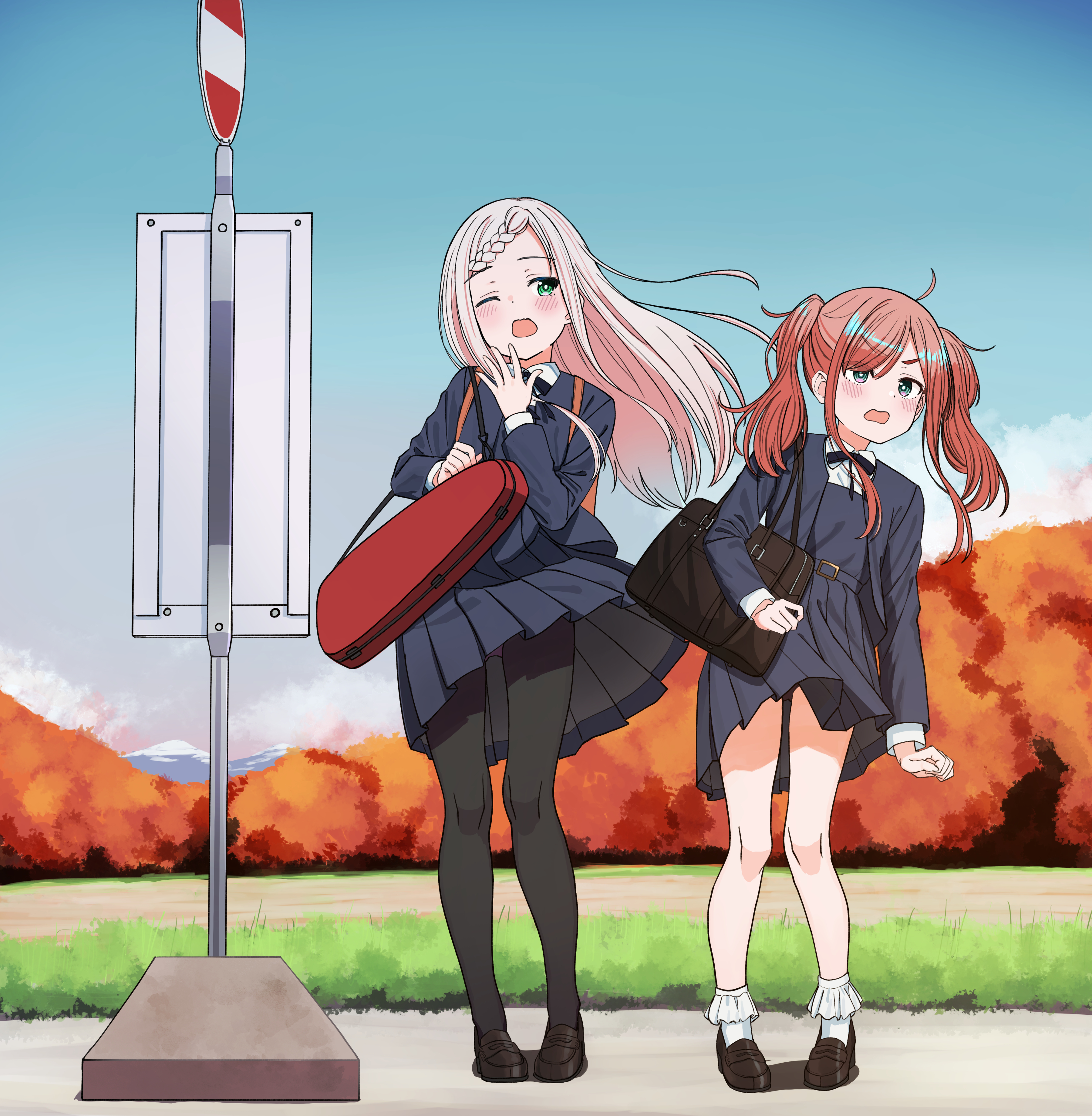 urushiushiru, original, absurdres, commentary request, highres, 2girls, ahoge, aqua eyes, arms at sides, autumn, autumn leaves, bag, belt, belt buckle, black bow, black bowtie, black pantyhose, black shoes, blue belt, blue dress, blue jacket, blue sky, blush, bow, bowtie, braid, braided bangs, bright pupils, buckle, bus stop, clothes lift, day, dress, dress lift, floating hair, forehead, frilled socks, frills, green eyes, hand up, jacket, leaf, loafers, long hair, long sleeves, michimori karen (urushiushiru), multiple girls, one eye closed, open clothes, open jacket, open mouth, orange hair, otoo kanade (urushiushiru), outdoors, panties, panties under pantyhose, panty peek, pantyhose, pantyshot, parted bangs, pigeon-toed, pinafore dress, pink hair, pleated dress, school bag, school uniform, shoes, shoulder bag, sky, sleeveless, sleeveless dress, socks, standing, straight hair, twintails, underwear, v-shaped eyebrows, wavy mouth, white pupils, white socks, wind, wind lift, winter uniform, yawning
