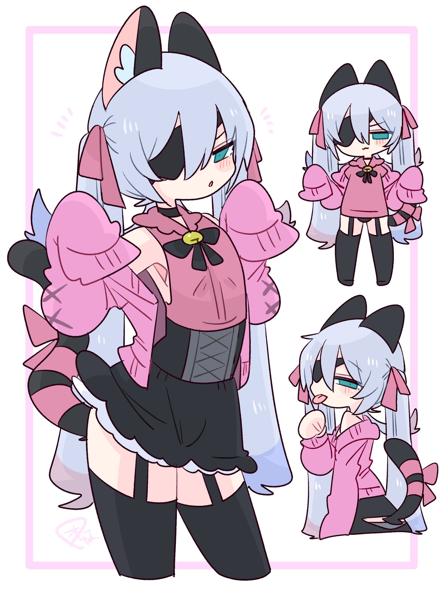 op na yarou, original, commentary, highres, 1boy, :3, :o, animal ear fluff, animal ears, armpits, bare shoulders, bell, black choker, black corset, black panties, black ribbon, black skirt, black tail, black thighhighs, blue eyes, blue hair, blush, bow, bulge, cardigan, cat boy, cat ears, cat tail, choker, clothing cutout, collared shirt, colored tips, corset, cowboy shot, crossdressing, crossdressing (mtf), double-parted bangs, eyepatch, flipped hair, frilled shirt collar, frills, from behind, full body, garter straps, hair between eyes, hair bow, hand up, hands up, jingle bell, long hair, long sleeves, looking at viewer, looking back, male focus, miniskirt, multicolored hair, multiple views, narrowed eyes, neck bell, neck ribbon, no nose, off shoulder, one eye covered, open cardigan, open clothes, panties, panty peek, parted lips, pink bow, pink cardigan, pink ribbon, pink shirt, quad tails, red hair, ribbon, rigel (op na yarou), shirt, sidelocks, simple background, skirt, sleeveless, sleeveless shirt, sleeves past fingers, sleeves past wrists, straight hair, tail, tail bow, tail ornament, tail ribbon, tail through clothes, thighhighs, thighs, tongue, tongue out, trap, underwear, upper body, v-shaped eyebrows, very long hair, watermark, white background, white hair