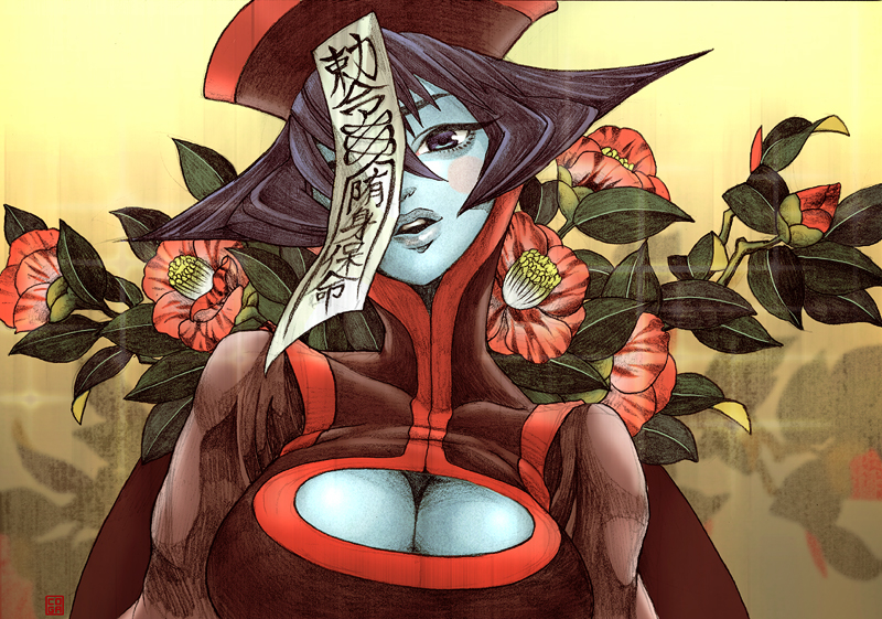 coga, hsien-ko, capcom, darkstalkers, traditional media, 1girl, blue hair, blue skin, blush, breasts, cleavage, cleavage cutout, clothing cutout, colored skin, demon girl, female focus, flipped hair, flower, hat, jiangshi, large breasts, ofuda, qingdai guanmao, short hair, solo