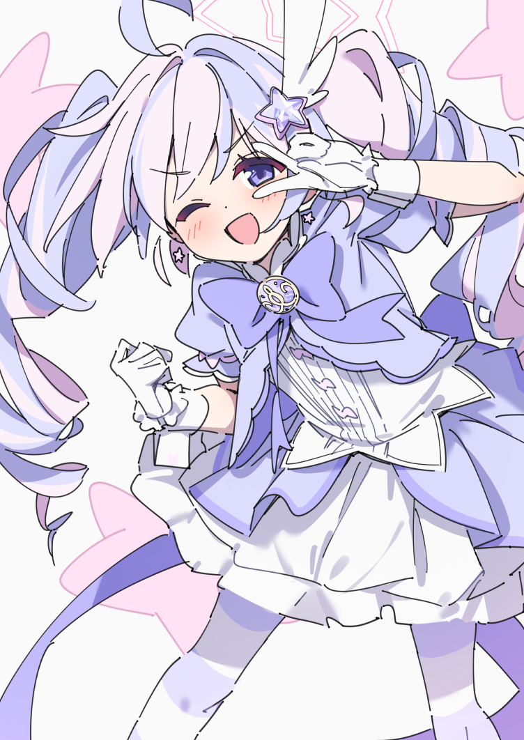supershiruco, reisa (blue archive), reisa (magical) (blue archive), blue archive, 1girl, ahoge, bow, bowtie, dress, feet out of frame, gloves, halo, leaning forward, looking at viewer, multicolored hair, pink hair, purple bow, purple bowtie, purple eyes, purple hair, simple background, skirt, solo, spoken blush, star (symbol), two-tone hair, two-tone pantyhose, v, white background, white skirt