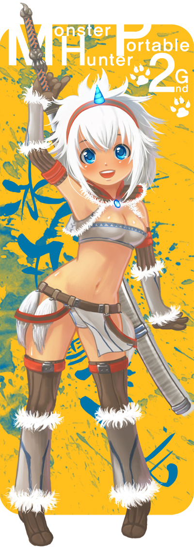 cloverpeia, capcom, monster hunter (series), 1girl, blush, breasts, cleavage, clover, elbow gloves, female focus, gloves, horns, kirin (armor), single horn, solo, sword, thighhighs, weapon, white hair