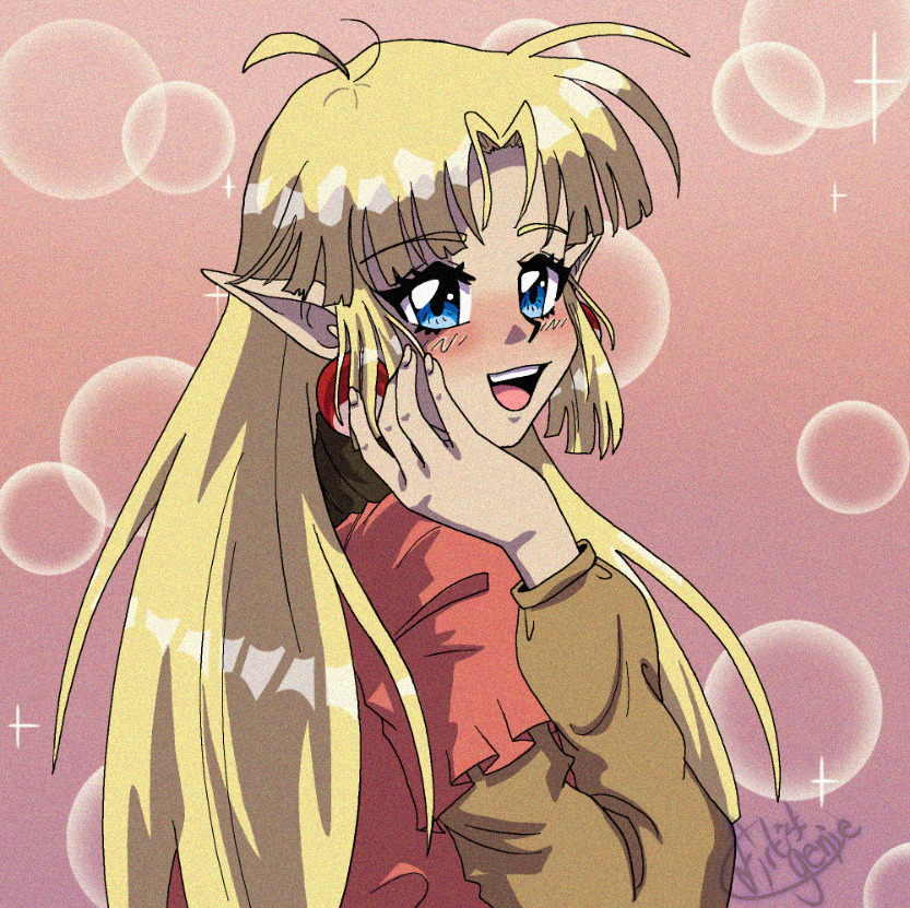 lotte farona, ways of darkness (series), commission, commissioner upload, official art, 1990s (style), 1girl, anime coloring, blonde hair, blue eyes, blush, bubble, deltaflareon, dress, earrings, elf, fake screenshot, film grain, hand on own cheek, hand on own face, hoop earrings, jewelry, long hair, long sleeves, looking at viewer, open mouth, orange dress, orange shirt, parody, parted bangs, pink background, pointy ears, retro artstyle, shirt, signature, smile, solo, sparkle, style parody, teeth, upper body, upper teeth only
