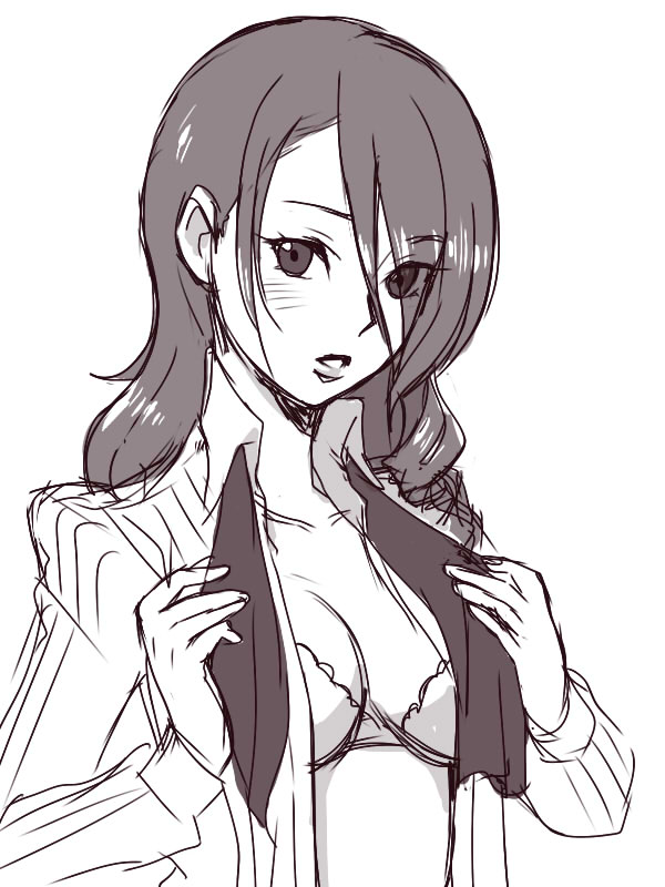 jagaimo (rokke), kirijou mitsuru, atlus, persona, persona 3, bad id, bad pixiv id, 1girl, bra, breasts, cleavage, dressing, female focus, hair over one eye, lingerie, long hair, monochrome, open clothes, open shirt, purple theme, shirt, sketch, solo, underwear