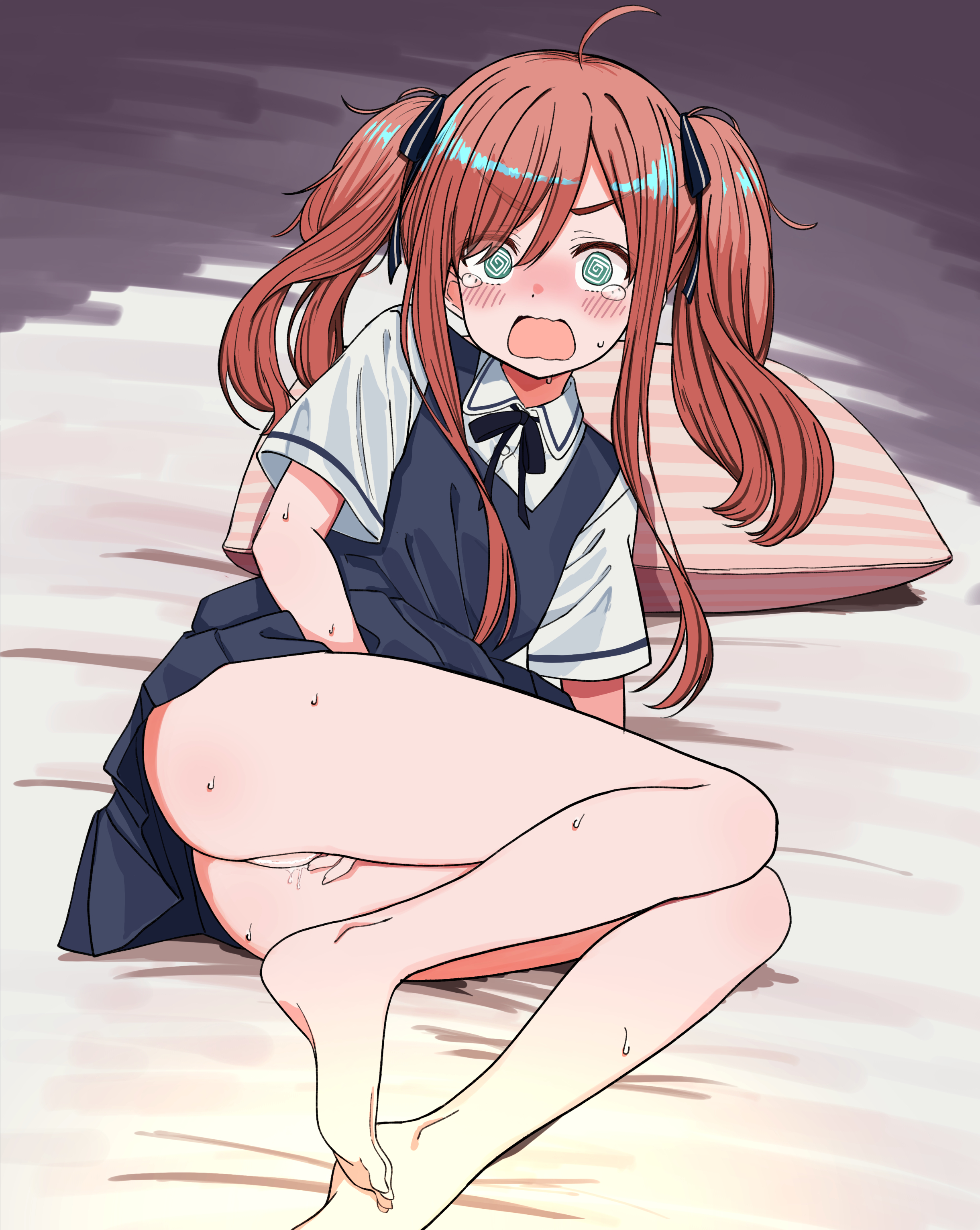 urushiushiru, original, absurdres, commentary request, highres, variant set, 1girl, @ @, ahoge, aqua eyes, barefoot, black ribbon, blue dress, blush, bright pupils, censored, clothes lift, collared shirt, dress, dress lift, female masturbation, foot out of frame, hair between eyes, hair ribbon, jaw drop, long bangs, long hair, long sidelocks, lying, masturbation, michimori karen (urushiushiru), neck ribbon, no panties, nose blush, on bed, on side, open mouth, orange hair, parted bangs, pillow, pinafore dress, pleated dress, pussy, pussy juice, reclining, ribbon, school uniform, scribble censor, shirt, sidelocks, sleeveless, sleeveless dress, solo, sweat, tearing up, twintails, v-shaped eyebrows, wavy mouth, white pupils, white shirt, wing collar