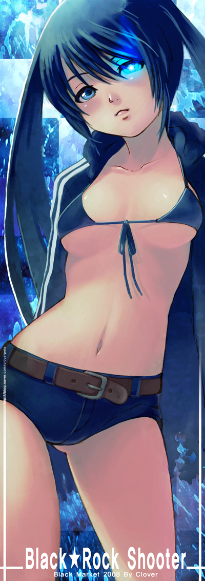 cloverpeia, black rock shooter (character), black rock shooter, bad id, bad pixiv id, 10s, 1girl, belt, breasts, cleavage, female focus, glowing, glowing eyes, midriff, navel, short shorts, shorts, solo, twintails