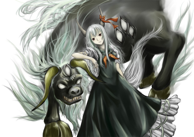 yorubehakiete tenohiragaeshi, ex-keine, kamishirasawa keine, touhou, silver hair, 1girl, bow, dress, female focus, hakutaku, horn ornament, horn ribbon, horns, long hair, red eyes, ribbon, solo, tail