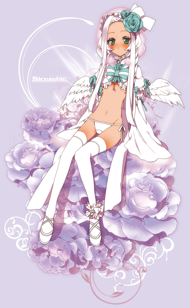 sena (mineruba), sena (pixiv), 1girl, blush, breasts, female focus, flower, long hair, narrow waist, navel, panties, shoes, side-tie panties, sitting, small breasts, solo, tan, thigh gap, thighhighs, thighs, underwear, white hair, white panties, wings