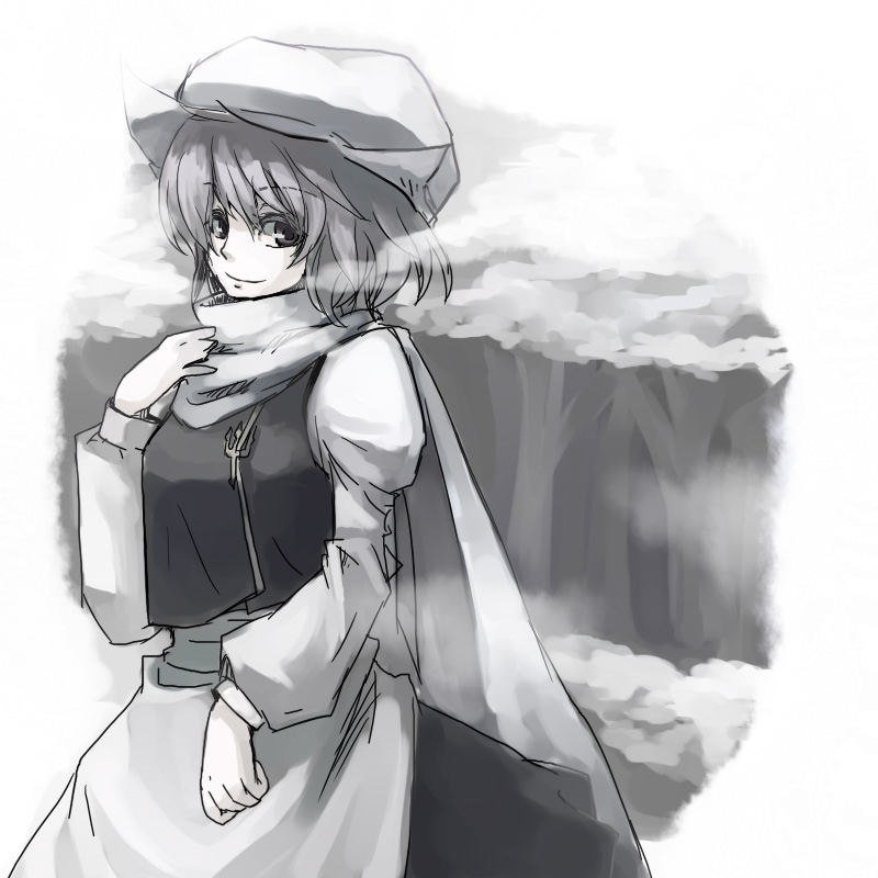 murai shinobu, letty whiterock, touhou, 1girl, female focus, forest, greyscale, hat, monochrome, nature, outdoors, plant, scarf, skirt, solo, white background
