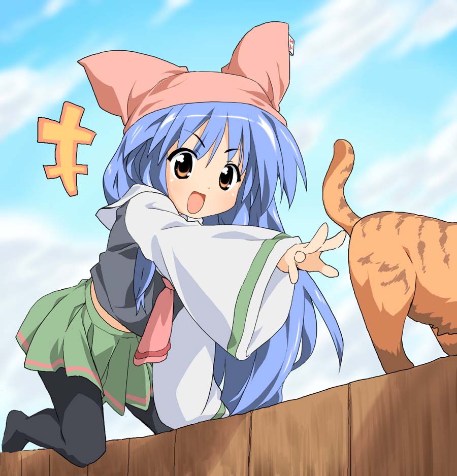take shinobu, takesinobu, dekarunanshi mohoro byoudouin gachiko (takesinobu), original, bad id, bad pixiv id, 1girl, animal hat, blue hair, cat, female focus, hat, long hair, long sleeves, open mouth, pantyhose, pink eyes, skirt, solo, very long hair