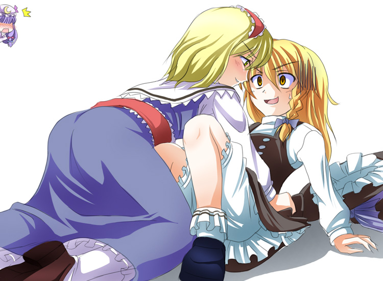 tri, alice margatroid, kirisame marisa, patchouli knowledge, touhou, 3girls, ass, blonde hair, bloomers, buttons, capelet, dress, female focus, girl on top, hair ribbon, hairband, hat, jealous, multiple girls, naughty face, pantyhose, ribbon, underwear, witch, witch hat, you gonna get raped, yuri