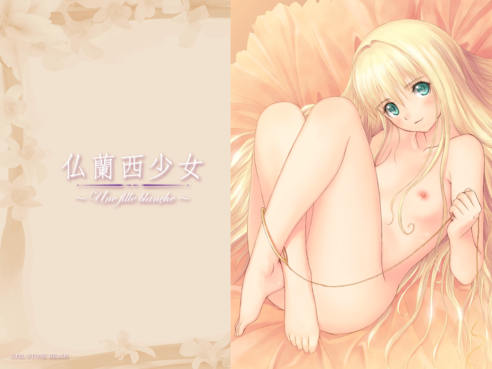 tony taka, shoujo (france shoujo), france shoujo, highres, 1girl, barefoot, blonde hair, blush, breasts, feet, female focus, flat chest, green eyes, legs, loli, long hair, long legs, nipples, nude, petite, solo, toes