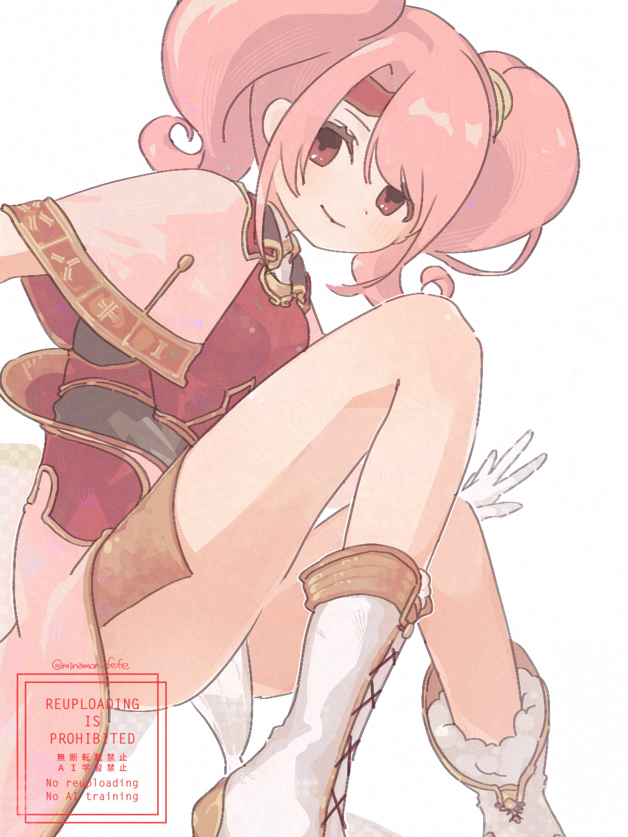 sorane amus, mae (fire emblem), fire emblem, fire emblem echoes: shadows of valentia, nintendo, absurdres, highres, 1girl, bare legs, boots, closed mouth, gloves, hair between eyes, looking at viewer, pink eyes, pink hair, short sleeves, smile, solo, twintails, white background, white boots, white gloves