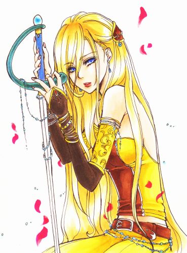 yuyu (20563031), celes chere, final fantasy, final fantasy vi, lowres, 1990s (style), 1girl, blonde hair, blue eyes, detached sleeves, female focus, long hair, petals, retro artstyle, solo, sword, very long hair, weapon