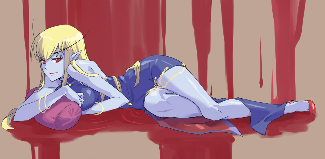 sacchin (yama), jedah dohma, capcom, darkstalkers, gender request, 1girl, blood, blue skin, colored skin, female focus, genderswap, long hair, lying, midnight bliss, on side, pillow, pointy ears, red eyes, solo