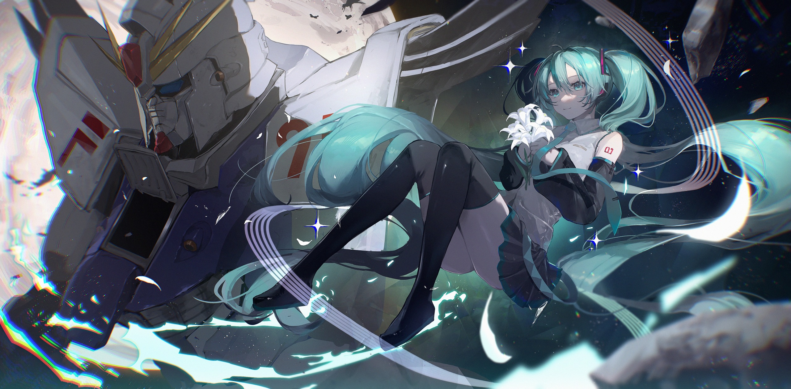 mochi194745, f91 gundam, hatsune miku, gundam, gundam f91, vocaloid, highres, 1girl, aqua eyes, aqua hair, arm tattoo, aura, black thighhighs, closed eyes, crossover, detached sleeves, flower, green eyes, holding, holding flower, humanoid robot, long hair, mobile suit, moon, robot, shirt, sleeveless, sleeveless shirt, space, sparkle, tattoo, thighhighs, twintails, v-fin, white flower