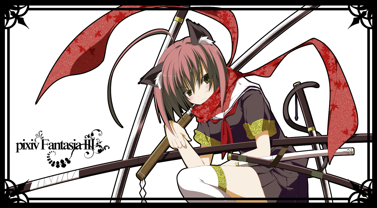sakurame, pixiv fantasia, pixiv fantasia 3, akatsuhara empire, animal ears, katana, scarf, school uniform, serafuku, short hair, skirt, solo, sword, tail, thighhighs, weapon