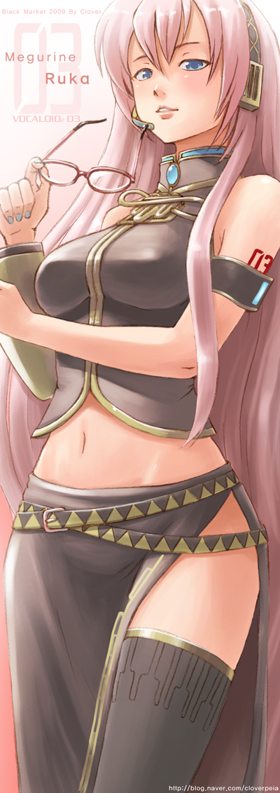 cloverpeia, megurine luka, vocaloid, 1girl, armband, belt, bespectacled, blue eyes, blue nails, breasts, english text, engrish text, female focus, glasses, headphones, long hair, microphone, midriff, nail polish, navel, pink hair, ranguage, solo, thighhighs