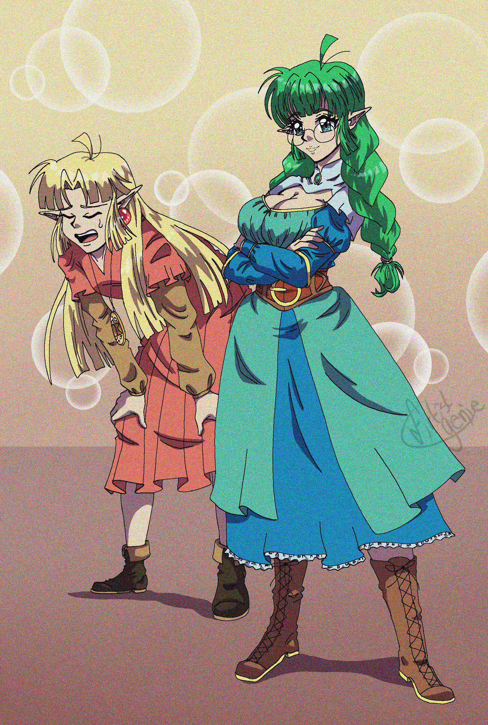 euphemy sylvaine, lotte farona, ways of darkness (series), absurdres, commission, commissioner upload, highres, official art, 1990s (style), 2girls, ahoge, belt, blonde hair, blue dress, blue eyes, boots, braid, breast envy, breasts, cleavage, corset, crossed arms, deltaflareon, dress, earrings, elf, fake screenshot, film grain, full body, glasses, green dress, green eyes, green hair, jewelry, large breasts, long hair, long sleeves, looking at viewer, multiple girls, open mouth, orange dress, pointy ears, retro artstyle, round eyewear, signature, smile, standing, twin braids