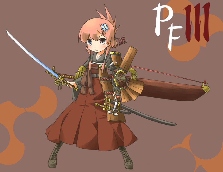 ara ta, harada (sansei rain), pixiv fantasia, pixiv fantasia 3, bad id, bad pixiv id, 1girl, akatsuhara empire, blue eyes, female focus, hair ornament, hairclip, heterochromia, huge weapon, red eyes, red hair, shield, solo, sword, weapon