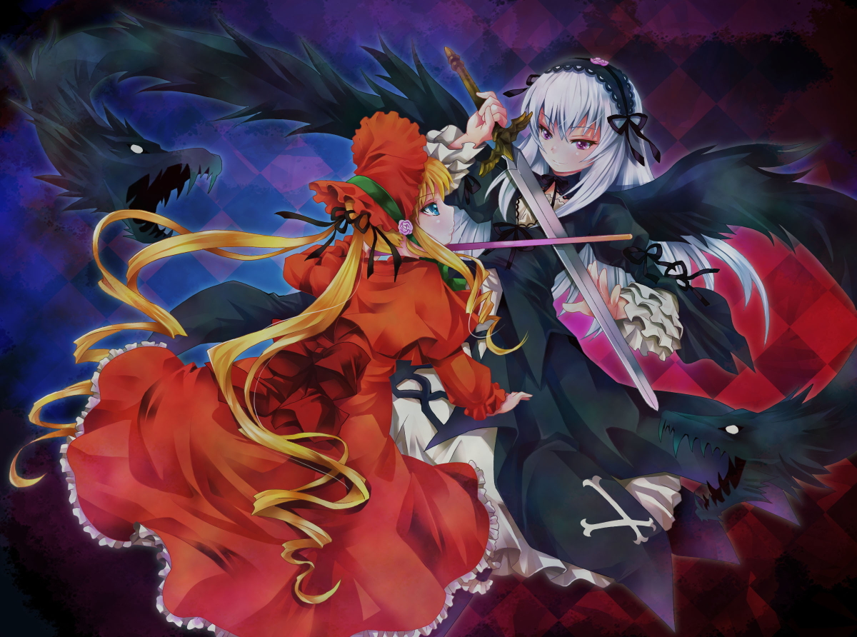 michii yuuki, shinku, suigintou, rozen maiden, silver hair, bad id, bad pixiv id, 00s, blonde hair, blue eyes, bonnet, cane, dress, drill hair, frills, hairband, long hair, purple eyes, sword, twintails, very long hair, weapon, wings