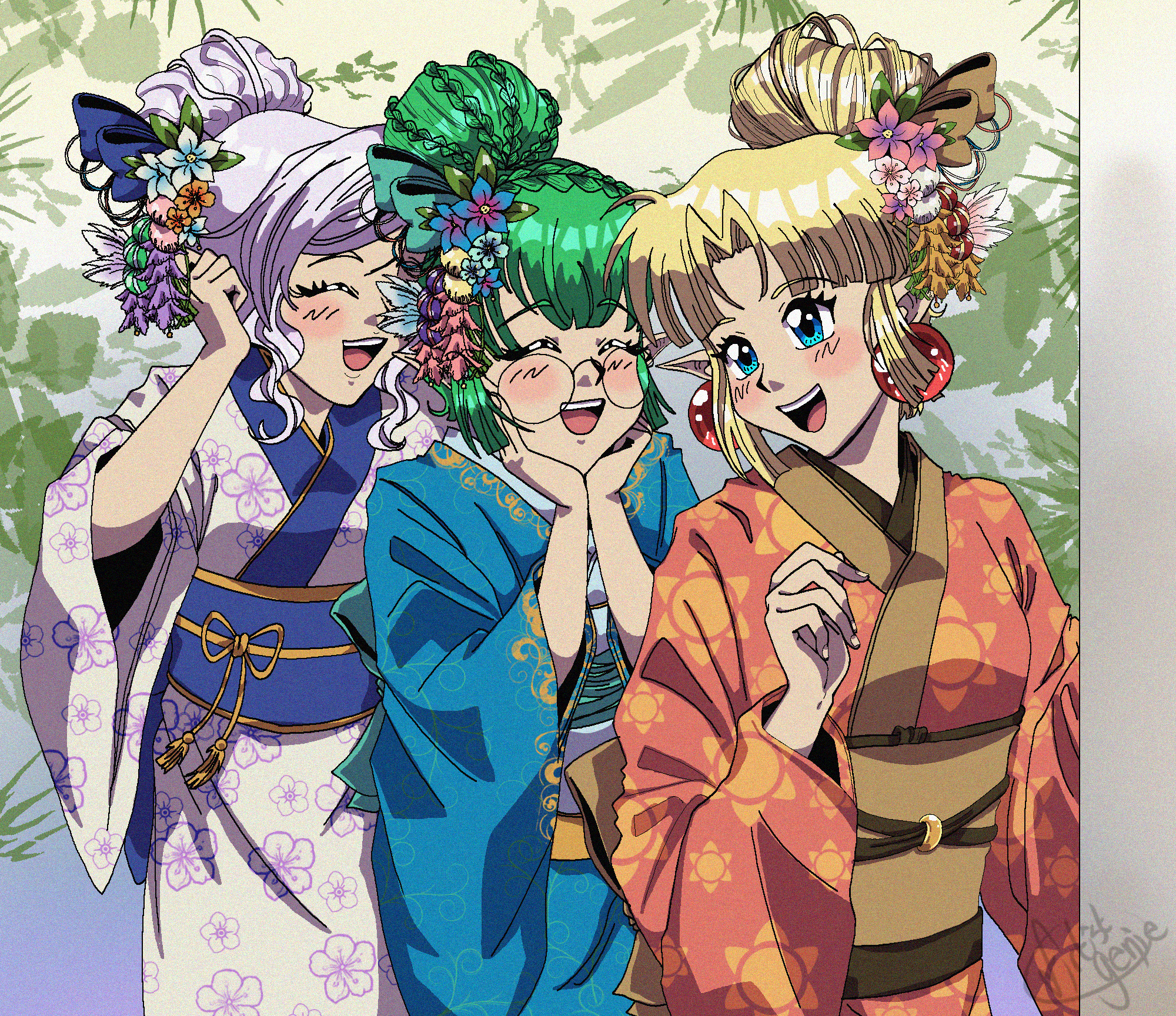 euphemy sylvaine, lotte farona, nemezish, ways of darkness (series), commission, commissioner upload, highres, official art, 1990s (style), 3girls, alternate costume, alternate hairstyle, bespectacled, blonde hair, blue dress, blue eyes, blush, breasts, deltaflareon, dress, earrings, elf, fake screenshot, film grain, flat chest, floral print, flower, glasses, green eyes, green hair, hair bun, hair flower, hair ornament, hands on own cheeks, hands on own face, japanese clothes, jewelry, kimono, large breasts, multiple girls, obi, open mouth, orange dress, pointy ears, purple hair, retro artstyle, robe, round eyewear, sash, signature, single hair bun, smile, white dress, yukata