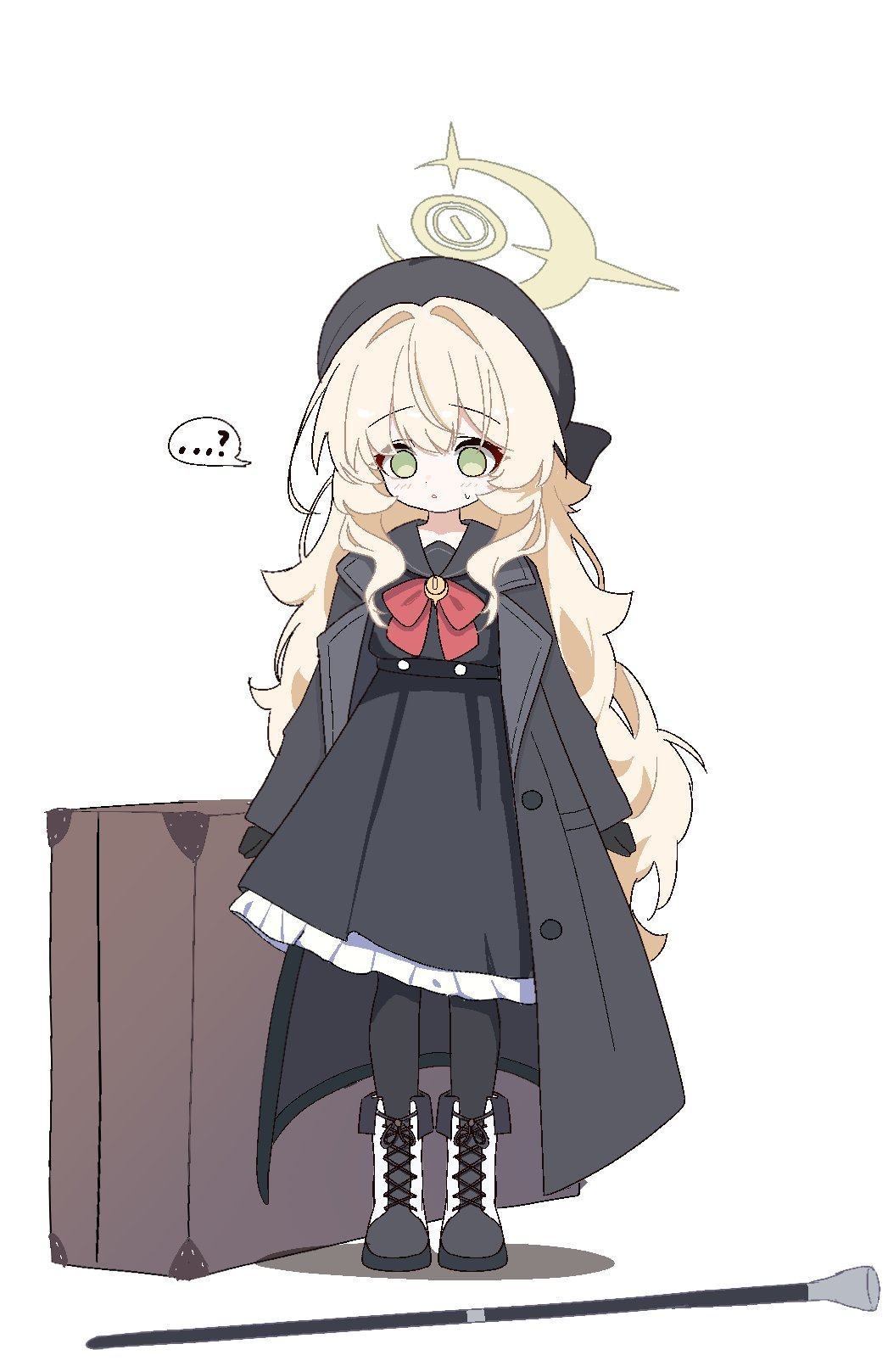 lmg7811, professor niyaniya (blue archive), blue archive, highres, 1girl, ?, ankle boots, black coat, black gloves, black hat, black pantyhose, black serafuku, blonde hair, boots, bow, bowtie, cane, coat, frilled skirt, frills, full body, gloves, hair intakes, halo, hat, holding, holding cane, pantyhose, red bow, red bowtie, sailor collar, school uniform, serafuku, shadow, simple background, skirt, solo, spoken question mark, suitcase, white background, yellow halo