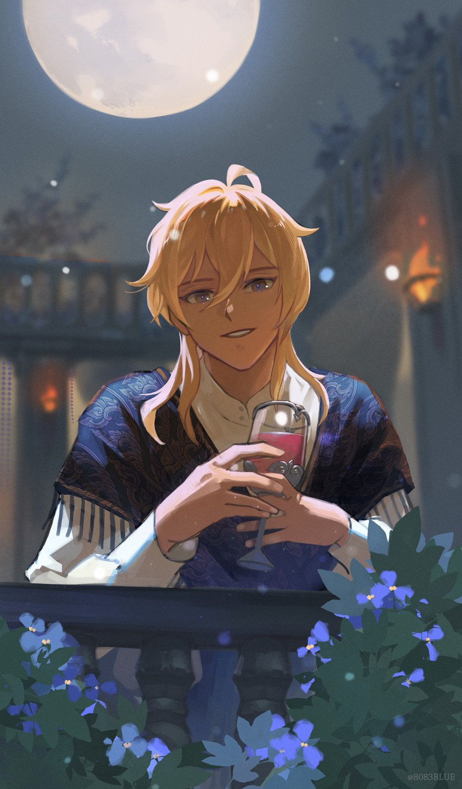 8083 blue, hakaze kaoru, ensemble stars!, commentary request, highres, 1boy, against railing, blonde hair, blue pupils, blurry, blurry background, cup, drinking glass, full moon, hair between eyes, holding, holding cup, light particles, looking at viewer, male focus, moon, night, parted lips, railing, shirt, solo, white shirt, wine glass