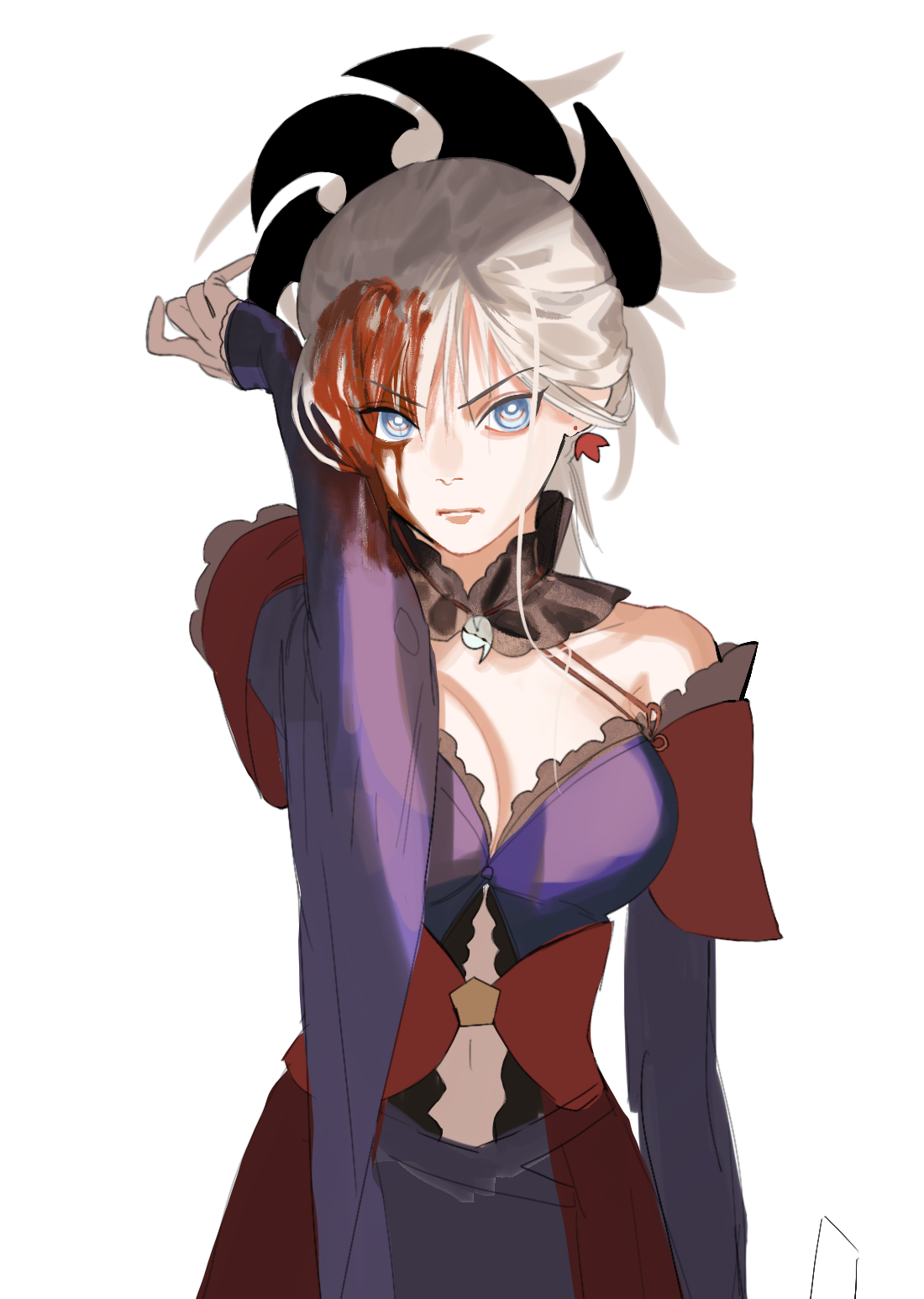 kotomine (a1569), miyamoto musashi (fate), fate (series), commentary request, highres, 1girl, blood, blood on face, breasts, cleavage, closed mouth, earrings, grey hair, jewelry, long hair, magatama, navel, simple background, v-shaped eyebrows, white background, wide sleeves