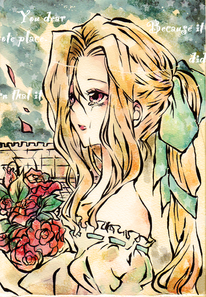 sutinki, celes chere, final fantasy, final fantasy vi, bad id, bad pixiv id, 1990s (style), 1girl, alternate costume, blonde hair, bouquet, dress, female focus, flower, long hair, ponytail, red eyes, solo, tears