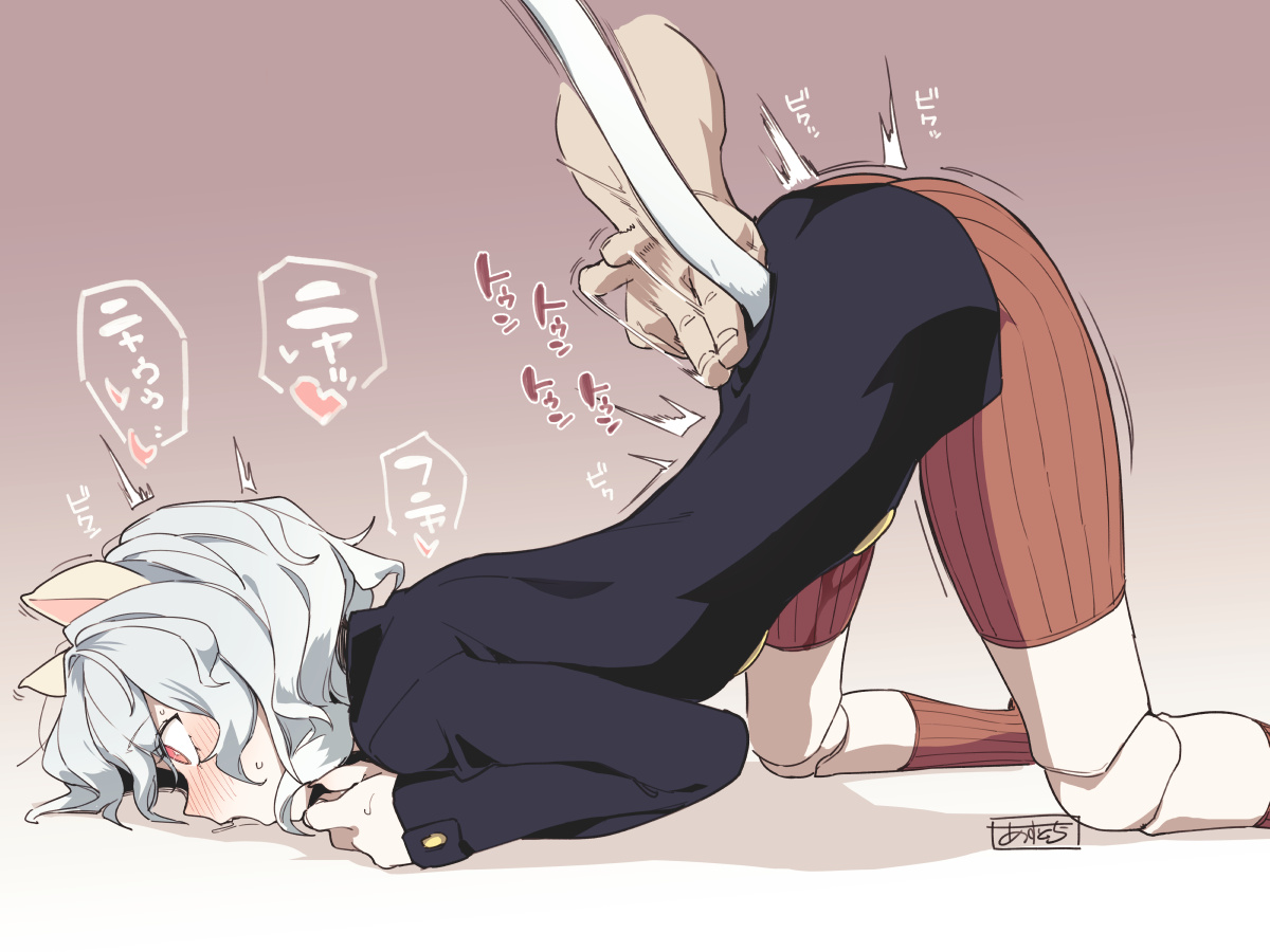 asutora, neferpitou, hunter x hunter, commentary request, 1boy, 1girl, all fours, animal ears, bike shorts, black jacket, blush, brown background, cat ears, cat girl, cat tail, gradient background, grey hair, hetero, jacket, long sleeves, motion lines, red eyes, red shorts, short hair, shorts, solo focus, tail, uncommon stimulation