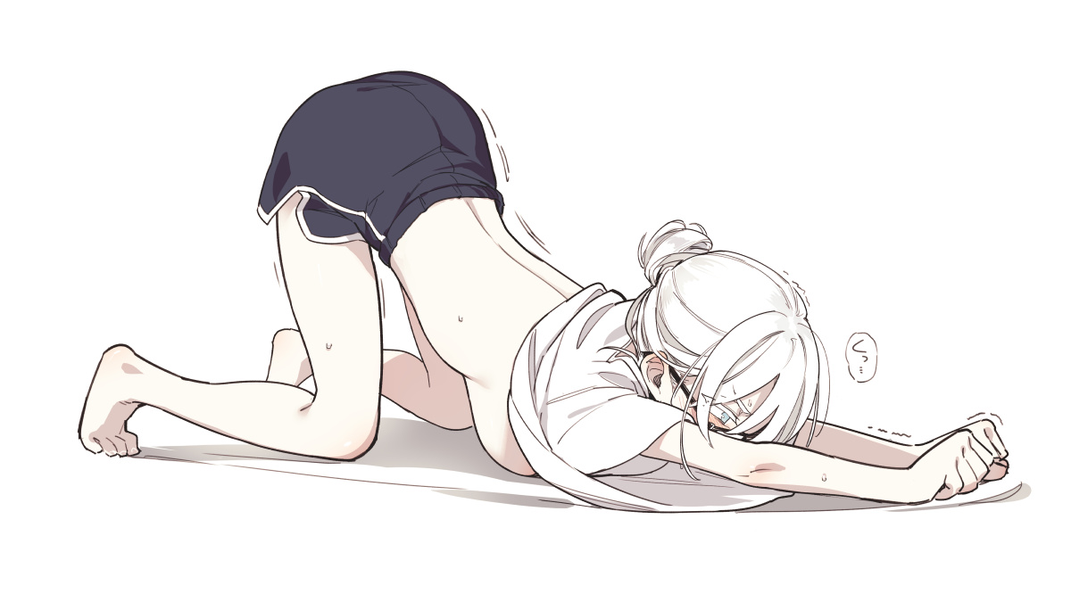 asutora, asutora-chan, original, 1girl, all fours, bare legs, barefoot, black-framed eyewear, black shorts, blue eyes, breasts, clothes lift, dolphin shorts, glasses, hair bun, hanging breasts, medium breasts, no bra, shirt, shirt lift, short hair, shorts, simple background, single hair bun, stretching, t-shirt, toes, top-down bottom-up, trembling, white background, white hair, white shirt