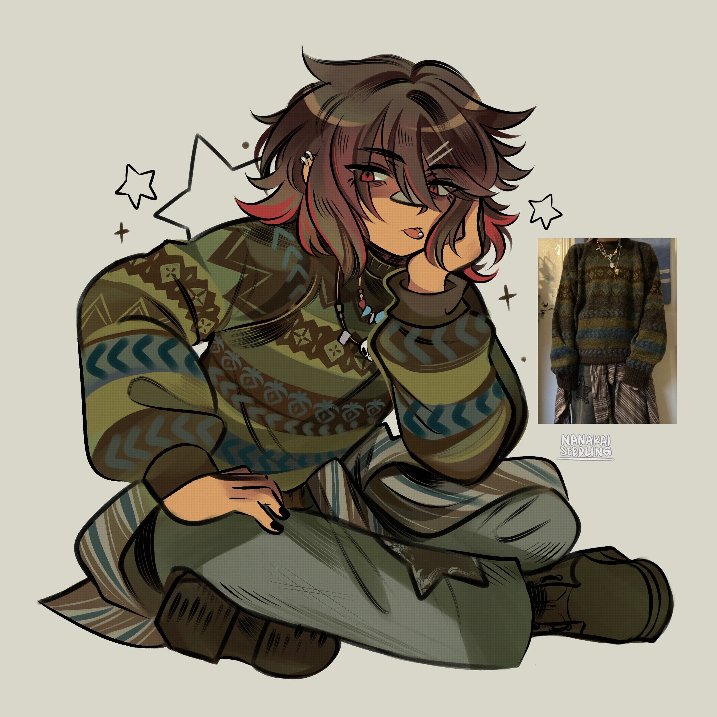 kris (deltarune), deltarune, utdr (toby fox), absurdres, commentary, english commentary, highres, 1other, ankle boots, artist name, black boots, boots, brown hair, closed mouth, clothes around waist, colored tips, denim, ear piercing, full body, green sweater, grey background, grey jacket, grey pants, hair between eyes, hand on own cheek, hand on own face, hand on own knee, hand up, indian style, jacket, jacket around waist, jeans, jewelry, long sleeves, looking at viewer, medium hair, multicolored hair, nanakaiseedling, necklace, other focus, pants, piercing, puffy long sleeves, puffy sleeves, red eyes, red hair, reference inset, shaded face, simple background, sitting, solo, star (symbol), striped clothes, striped jacket, striped sweater, sweater, swept bangs, tongue, tongue out, tongue piercing, tsurime, two-tone hair