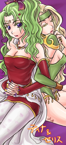 sinon121821, celes chere, tina branford, final fantasy, final fantasy vi, arm grab, lowres, 1990s (style), 2girls, blonde hair, closed eyes, detached sleeves, green hair, hair ribbon, headband, locked arms, long hair, multiple girls, pantyhose, ponytail, purple eyes, ribbon, upskirt