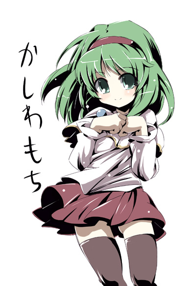 tokyo (great akuta), translation request, blush, green eyes, green hair, hairband, skirt, smile, solo, thigh gap, thighhighs, thighs, zettai ryouiki