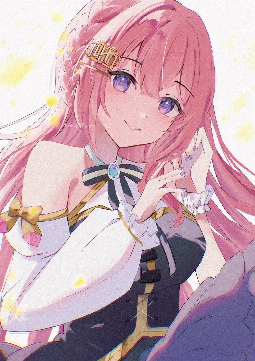 pahe99kero, megurine luka, vocaloid, highres, 1girl, alternate costume, blue nails, fingernails, gold trim, hair ornament, long hair, nail polish, pink hair, purple eyes, single sleeve, smile, twitter username, white sleeves