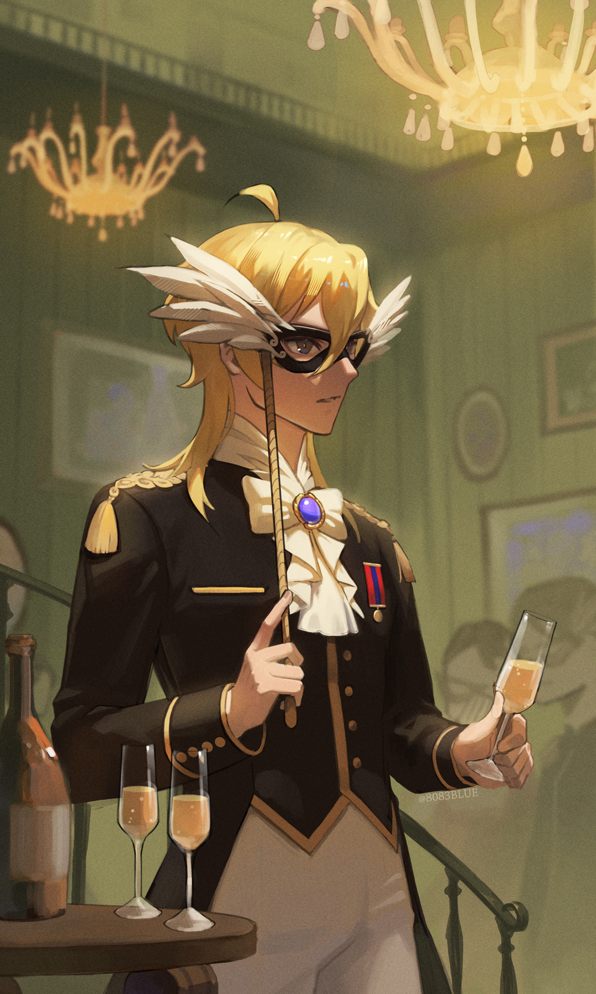8083 blue, hakaze kaoru, ensemble stars!, highres, 1boy, ahoge, alcohol, black jacket, blonde hair, bow, champagne, champagne flute, chandelier, cup, drinking glass, indoors, jacket, male focus, mask, masquerade mask, parted lips, short hair, solo, solo focus, table, wallpaper (object), white bow