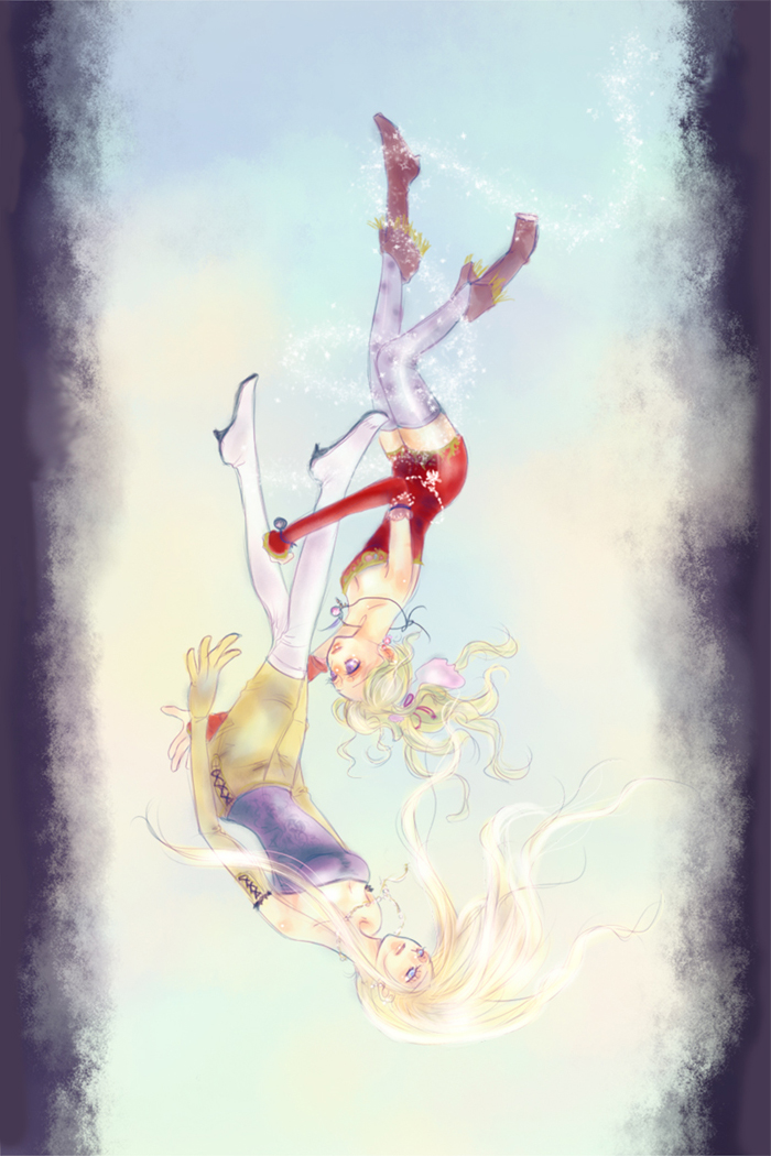 allegory, celes chere, tina branford, final fantasy, final fantasy vi, bad id, bad pixiv id, 1990s (style), 2girls, bare shoulders, blonde hair, blue eyes, boots, detached sleeves, elbow gloves, falling, gloves, green hair, long hair, magic, multiple girls, ponytail, purple eyes, thigh boots, thighhighs
