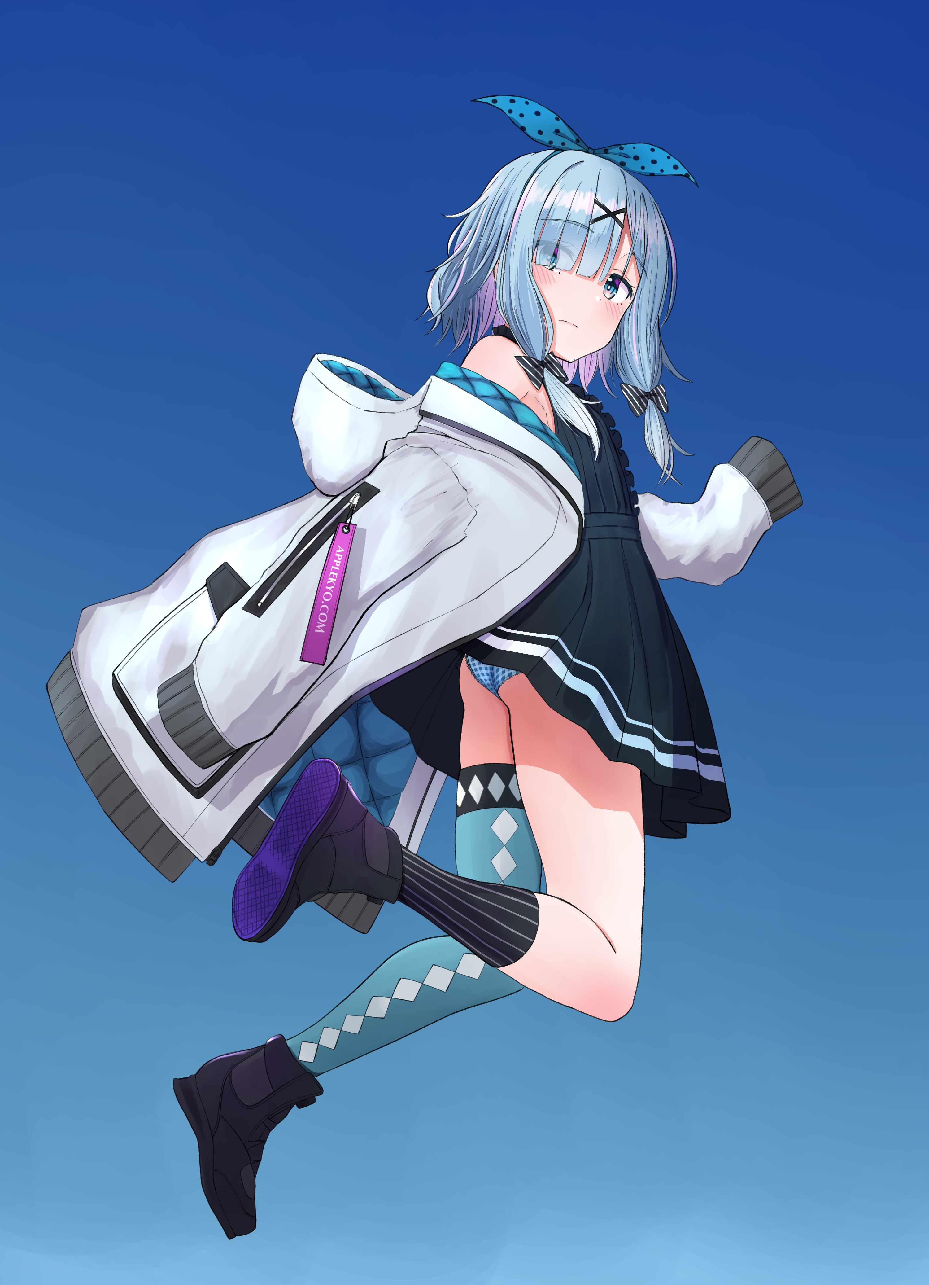 urushiushiru, original, absurdres, commentary request, highres, 1girl, aqua thighhighs, ass peek, asymmetrical legwear, black bow, black dress, black shoes, black socks, blue bow, blue hair, blue panties, blue sky, blush, bow, closed mouth, coat, day, diagonal-striped bow, diamond print, dot nose, dress, eyes visible through hair, floating, from behind, from side, full body, gingham, gingham pajamas, hair bow, hair ornament, hair over one eye, hood, hood down, hooded coat, long bangs, long sidelocks, looking at viewer, looking down, looking to the side, low-tied sidelocks, makuno suzu (urushiushiru), off shoulder, open clothes, open coat, outdoors, pajamas, panties, pantyshot, parted bangs, polka dot, polka dot bow, shoes, short hair with long locks, sidelocks, single thighhigh, sky, sleeveless, sleeveless dress, sleeves past fingers, sleeves past wrists, socks, solo, striped bow, striped clothes, striped socks, thighhighs, underwear, vertical-striped clothes, vertical-striped socks, white coat, x hair ornament