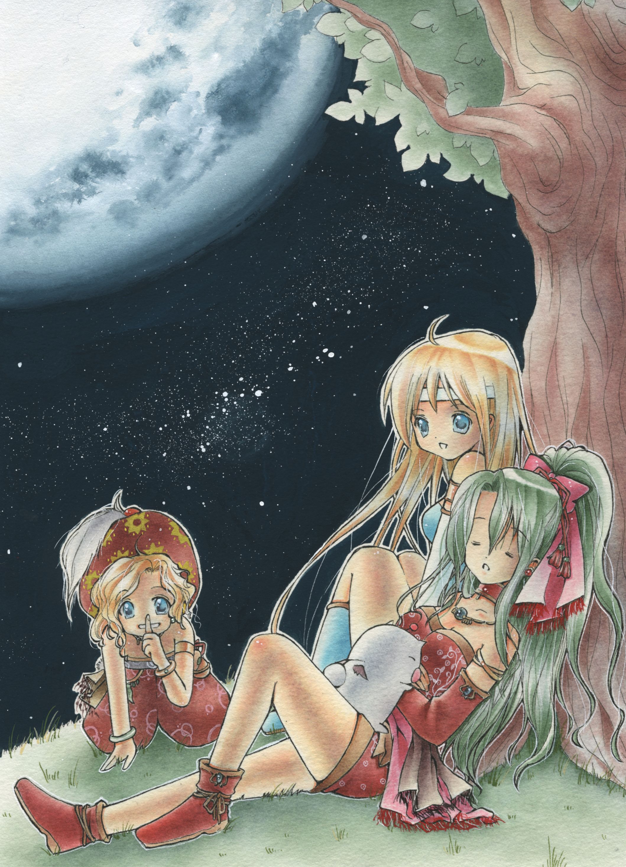 ulako, celes chere, mog, moogle, relm arrowny, tina branford, final fantasy, final fantasy vi, absurdres, bad id, bad pixiv id, highres, painting (medium), traditional media, watercolor (medium), 1990s (style), 3girls, blonde hair, blue eyes, bow, closed eyes, elbow gloves, full moon, gloves, green hair, hair bow, hat, headband, long hair, moon, multiple girls, ponytail, retro artstyle, short hair, sleeping, tree