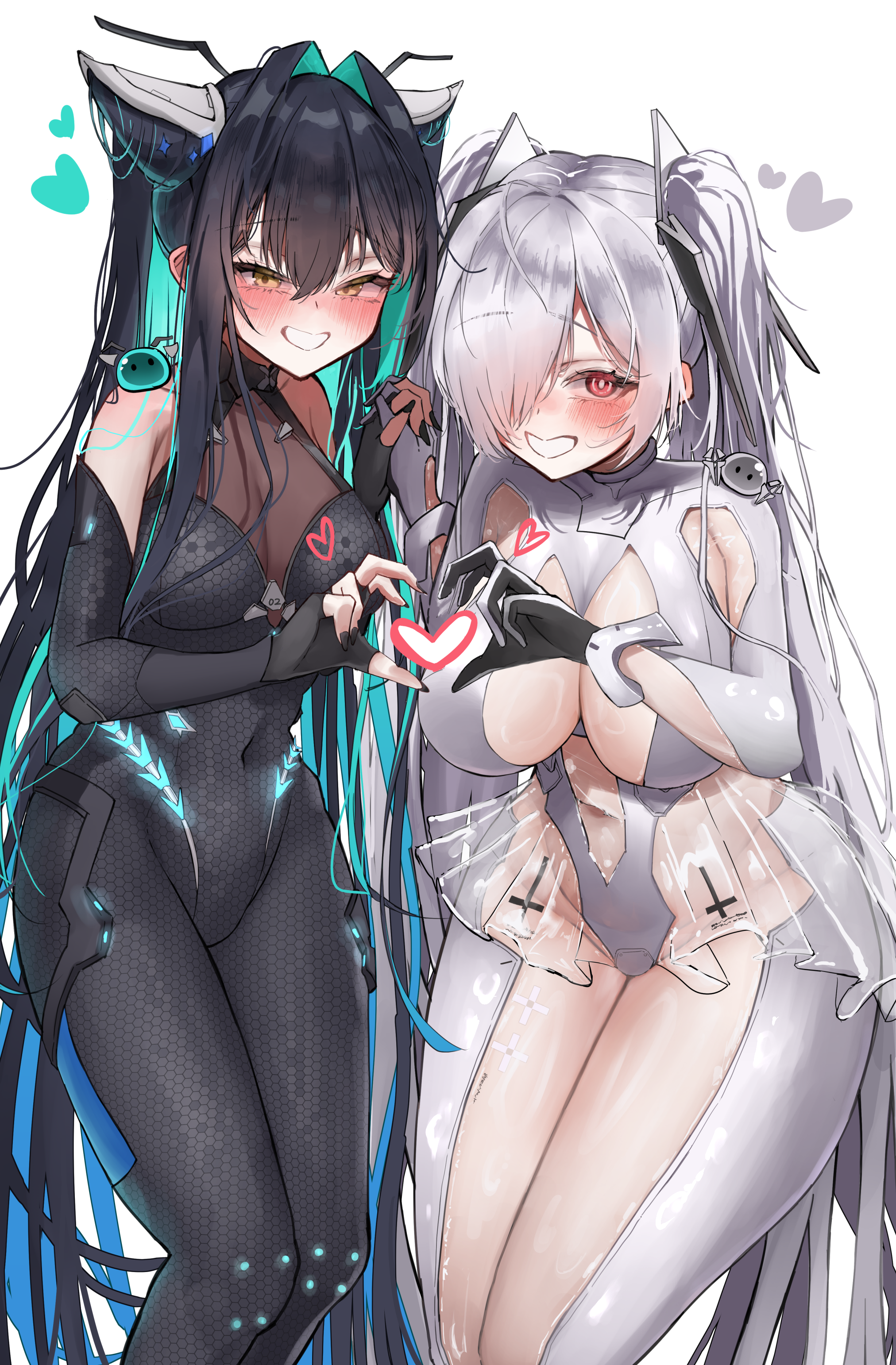 iwazaki, cinderella (nikke), little mermaid (nikke), goddess of victory: nikke, shiny eyes, absurdres, highres, accessories, aqua hair, armpit cutout, backless bodysuit, bare shoulders, black bodysuit, black hair, blush, bodysuit, breasts, bubble, cleavage, clothing cutout, colored inner hair, folded hair, gloves, hair intakes, hair over one eye, halterneck, heart, heart hands, heart hands duo, heart in heart hands, hexagon print, honeycomb (pattern), honeycomb print, large breasts, leg cutout, long hair, looking at viewer, medium breasts, multicolored hair, multiple girls, navel, navel cutout, old tales (nikke), one eye covered, red eyes, see-through bodysuit, see-through cleavage, see-through clothes, see-through skirt, simple background, skirt, smile, stomach cutout, twintails, very long hair, white background, white bodysuit, white hair, yellow eyes