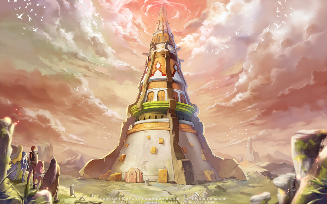 caesty, anais del caril, boris jinneman, cloe da pontina, nayatrei, sivelin uuo, nexon, tales weaver, commentary, english commentary, official art, 2boys, 3girls, analogous colors, ankle boots, architecture, artist name, atmospheric perspective, bird, black shirt, black shoes, blonde hair, blue boots, blue dress, blue gloves, blue hair, blue headband, blurry, blurry foreground, boots, bow, braid, braided ponytail, brown cape, brown capelet, building, cape, capelet, cloud, cloudy sky, company name, dated commentary, depth of field, door, dress, elbow gloves, english text, flying, foreshortening, frilled dress, frills, gloves, grass, green dress, grey hair, grey pants, hair bow, headband, jacket, kneehighs, light particles, long hair, low-braided long hair, low-tied long hair, low ponytail, multiple boys, multiple girls, orange hair, orange sky, pants, perspective, pink dress, pink hair, ponytail, red bow, ribbon-trimmed socks, ribbon trim, round door, ruins, scenery, shirt, shoes, short dress, sky, socks, standing, straight hair, tower, two-point perspective, very long hair, watermark, web address, white bird, white dress, white jacket, white socks