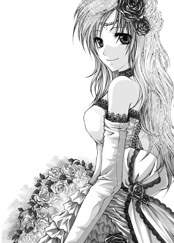 kinosaki akira, celes chere, final fantasy, final fantasy vi, bad id, bad pixiv id, 1990s (style), 1girl, bouquet, breasts, detached sleeves, dress, female focus, flower, greyscale, hair flower, hair ornament, long hair, monochrome, smile, solo