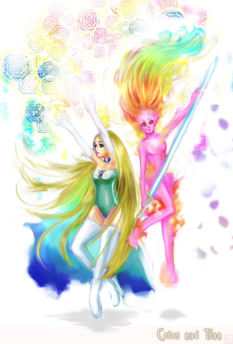 rumoi, celes chere, tina branford, trance terra branford, final fantasy, final fantasy vi, bad id, bad pixiv id, highres, 1990s (style), 2girls, blonde hair, blue eyes, energy sword, leotard, long hair, magic, multiple girls, sword, thighhighs, very long hair, weapon