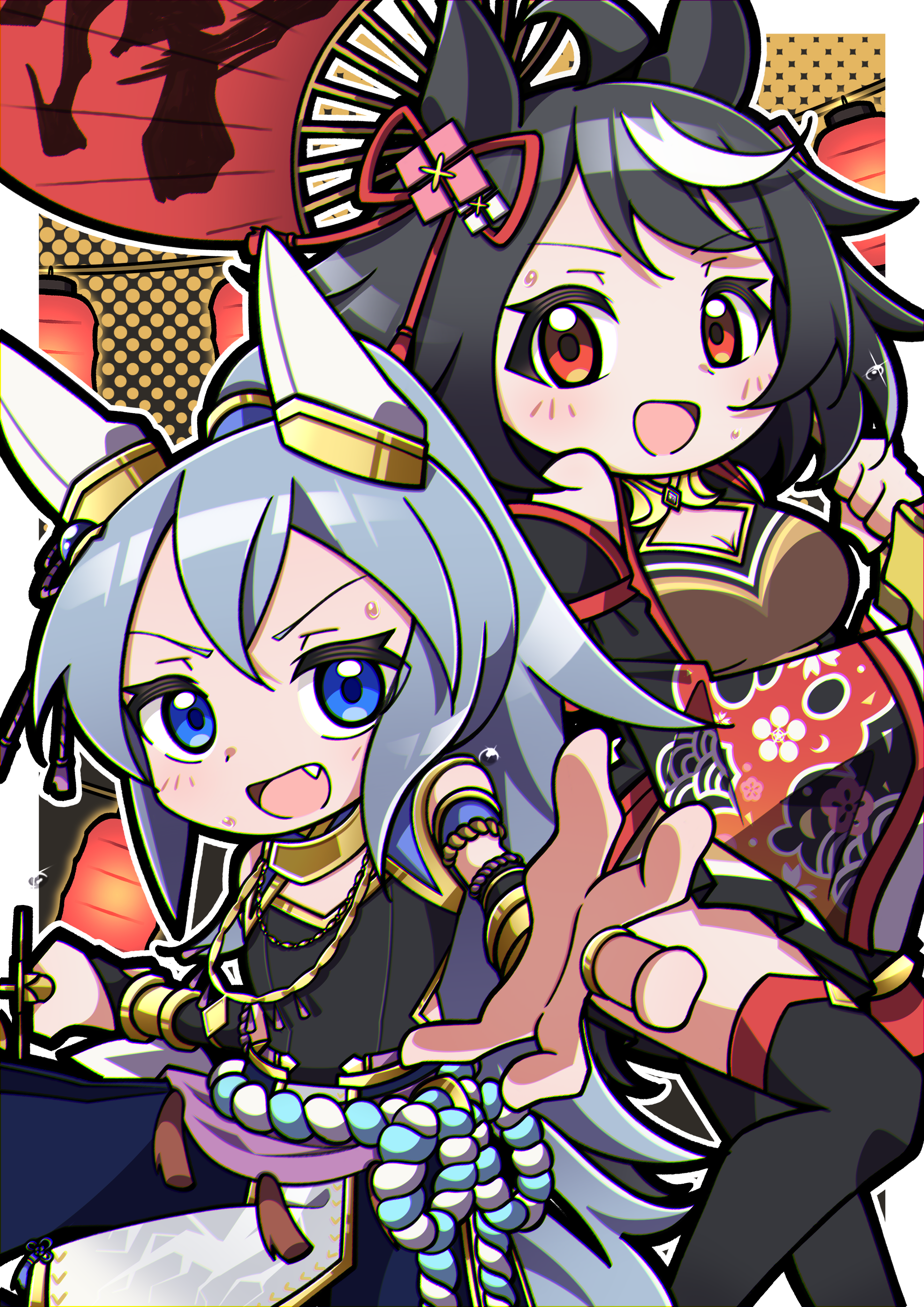 crutch elbow, kitasan black (crowning ooban) (umamusume), kitasan black (umamusume), tamamo cross (fierce thunder god) (umamusume), tamamo cross (umamusume), umamusume, umamusume: cinderella gray, absurdres, highres, 1girl, ahoge, animal ears, baggy pants, bare shoulders, bell, black hair, black shirt, blue eyes, blue pants, bow, breasts, chanchanko (clothes), cleavage, cleavage cutout, clothing cutout, cosplay, detached sleeves, ear covers, ear ornament, ear ribbon, flower ornament, fur-trimmed socks, grey hair, grey tail, hair between eyes, hair ornament, high-waist pants, horse ears, horse girl, horse tail, jewelry, jingle bell, kagura suzu, kitasan black (umamusume) (cosplay), kouhaku nawa, long hair, looking at viewer, multicolored hair, official alternate costume, official alternate hairstyle, open mouth, pants, ponytail, red eyes, rope, shimenawa, shirt, short hair, sleeveless, sleeveless shirt, smile, solo, streaked hair, tail, very long hair, white hair, yellow sleeves