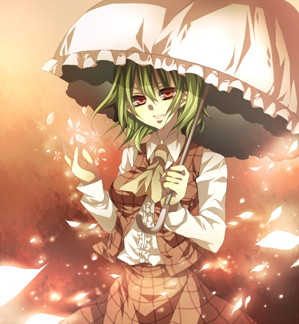 tsukioka tsukiho, kazami yuuka, touhou, bad id, bad pixiv id, 1girl, ascot, breasts, female focus, green hair, medium breasts, parasol, petals, plaid clothes, plaid skirt, plaid vest, red eyes, short hair, skirt, skirt set, smile, solo, umbrella, vest
