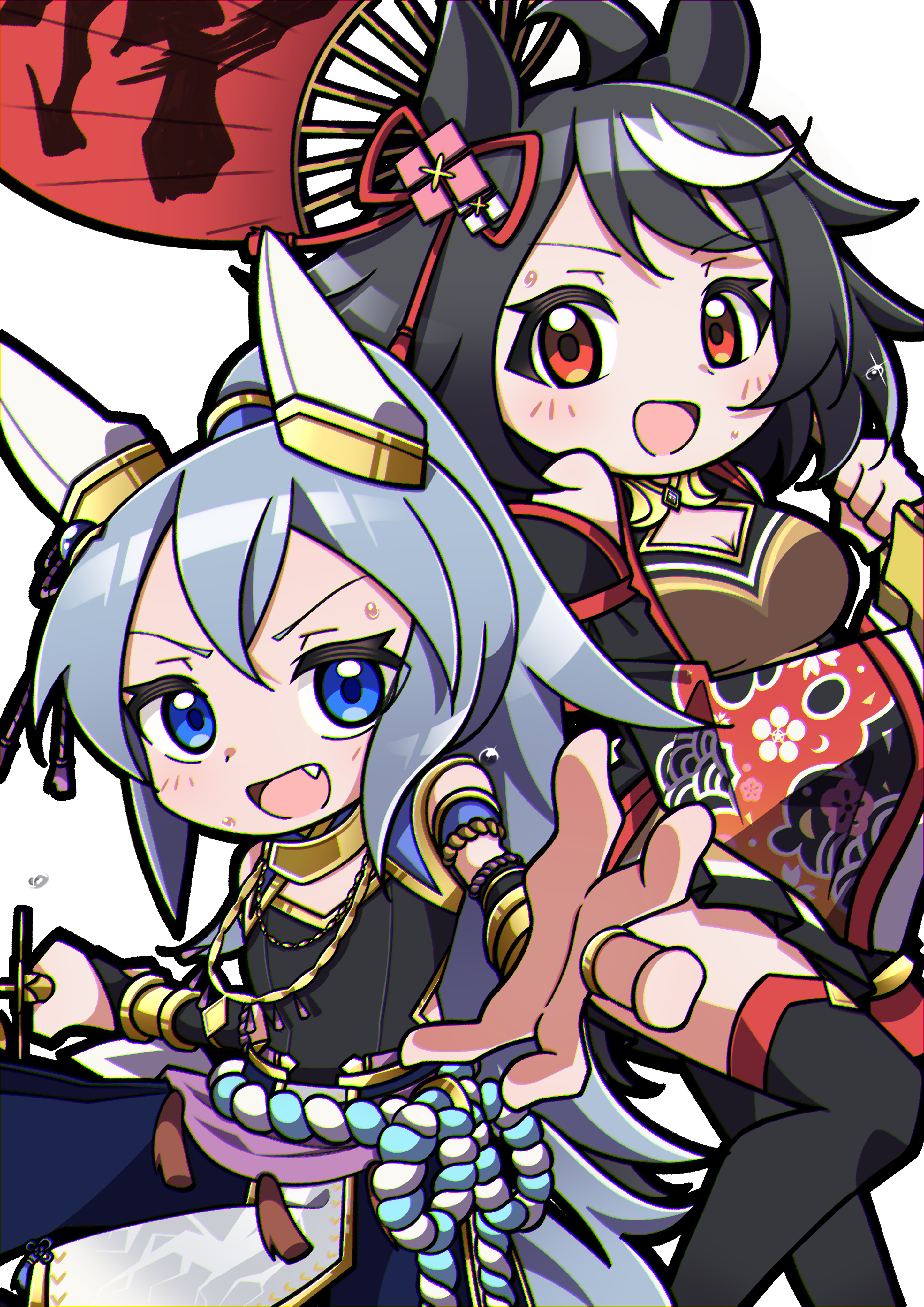 crutch elbow, kitasan black (crowning ooban) (umamusume), kitasan black (umamusume), tamamo cross (fierce thunder god) (umamusume), tamamo cross (umamusume), umamusume, umamusume: cinderella gray, absurdres, highres, 1girl, ahoge, animal ears, baggy pants, bare shoulders, bell, black hair, black shirt, blue eyes, blue pants, bow, breasts, chanchanko (clothes), cleavage, cleavage cutout, clothing cutout, cosplay, detached sleeves, ear covers, ear ornament, ear ribbon, flower ornament, fur-trimmed socks, grey hair, grey tail, hair between eyes, hair ornament, high-waist pants, horse ears, horse girl, horse tail, jewelry, jingle bell, kagura suzu, kitasan black (umamusume) (cosplay), kouhaku nawa, long hair, looking at viewer, multicolored hair, official alternate costume, official alternate hairstyle, open mouth, pants, ponytail, red eyes, rope, shimenawa, shirt, short hair, sleeveless, sleeveless shirt, smile, solo, streaked hair, tail, very long hair, white hair, yellow sleeves